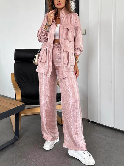 Fashionable Long Sleeve Solid Color Two-Piece Set with Straight-Leg Pants