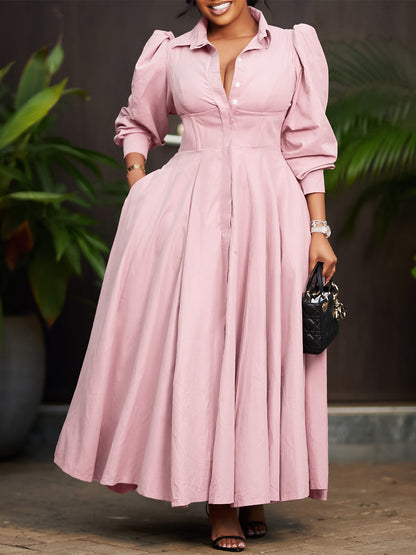 Elegant Long Sleeve Midi Shirt Dress In Solid Colors