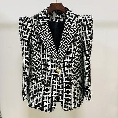 Stylish Geometric Pattern Blazer With Single Button Closure