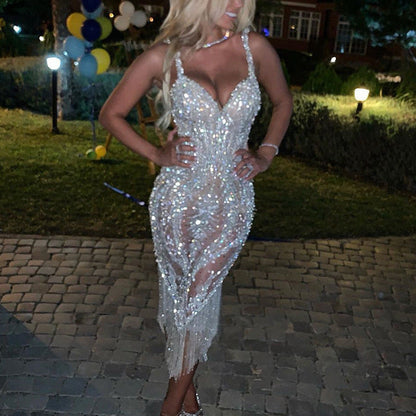 Elegant Sequined V-Neck Midi Dress for Women