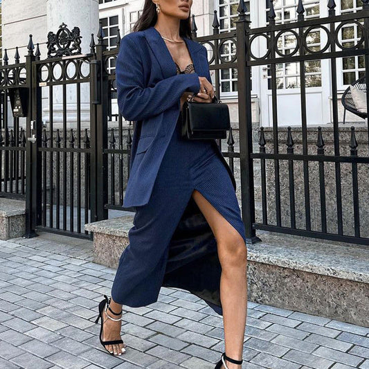 Chic Striped Suit Set Women Long Sleeve Blazer & High Waist Split Skirt