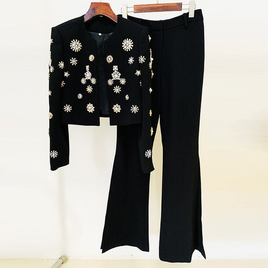 Pearl Beaded Short Jacket And Flared Pants Set