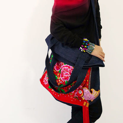 Original Tibetan Style Ethnic Style Embroidery Bag Vintage High Capacity Travel Denim One Shoulder Large Bag Women'S Bag