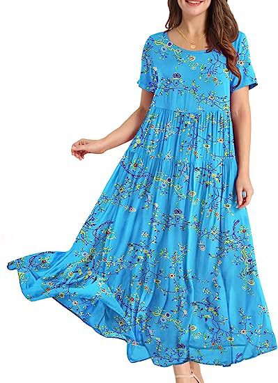 Summer Beach Medium And Long Dress Comfortable Pleated Dress Casual Loose Floral Dress