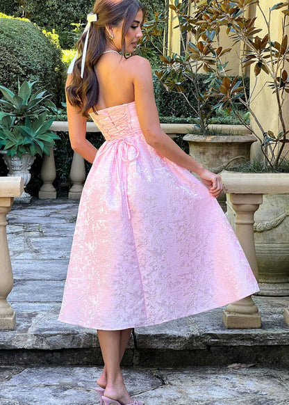 Strapless Jacquard Midi Dress with Corset Back