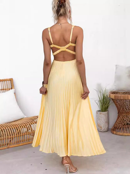 Elegant Yellow Satin A-Line Dress With V-Neck
