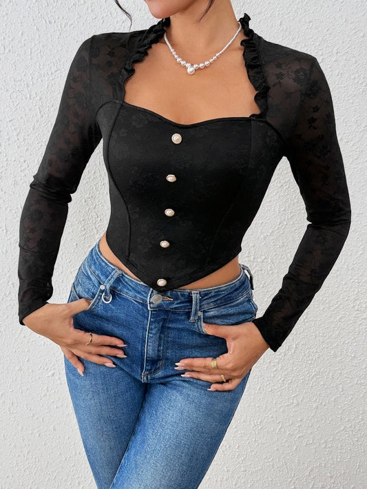 Elegant Black Lace Sheer Autumn Top For Women