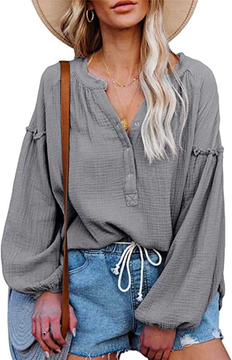 Solid Color Mosaic Lantern Sleeve Button V-Neck Casual Shirt Woman