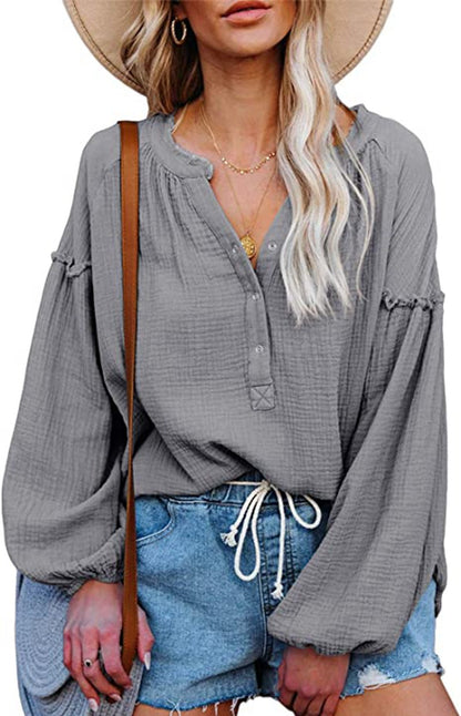 Solid Color Mosaic Lantern Sleeve Button V-Neck Casual Shirt Woman