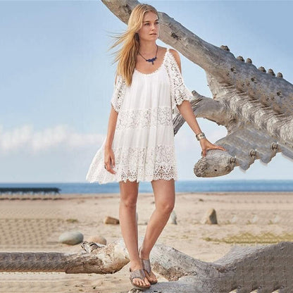 Lace Embroidered Beach Blouse Sexy Slip Off-The-Shoulder Holiday Dress Seaside Bikini Blouse