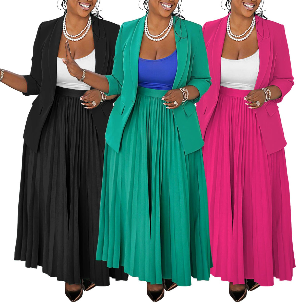 Elegant Women'S Blazer And Pleated Skirt Set