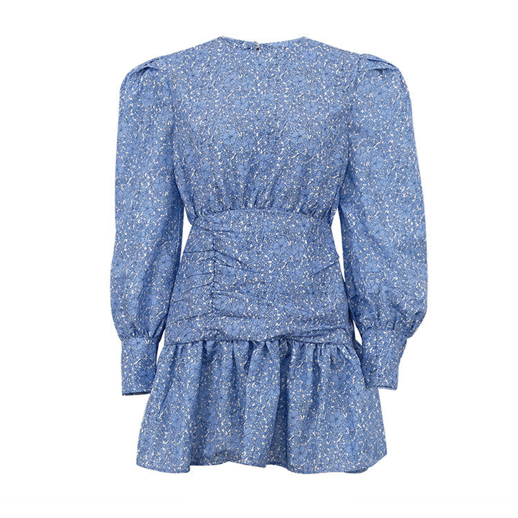 Floral Print Pleated Mini Dress with Long Sleeves