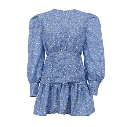 Floral Print Pleated Mini Dress with Long Sleeves