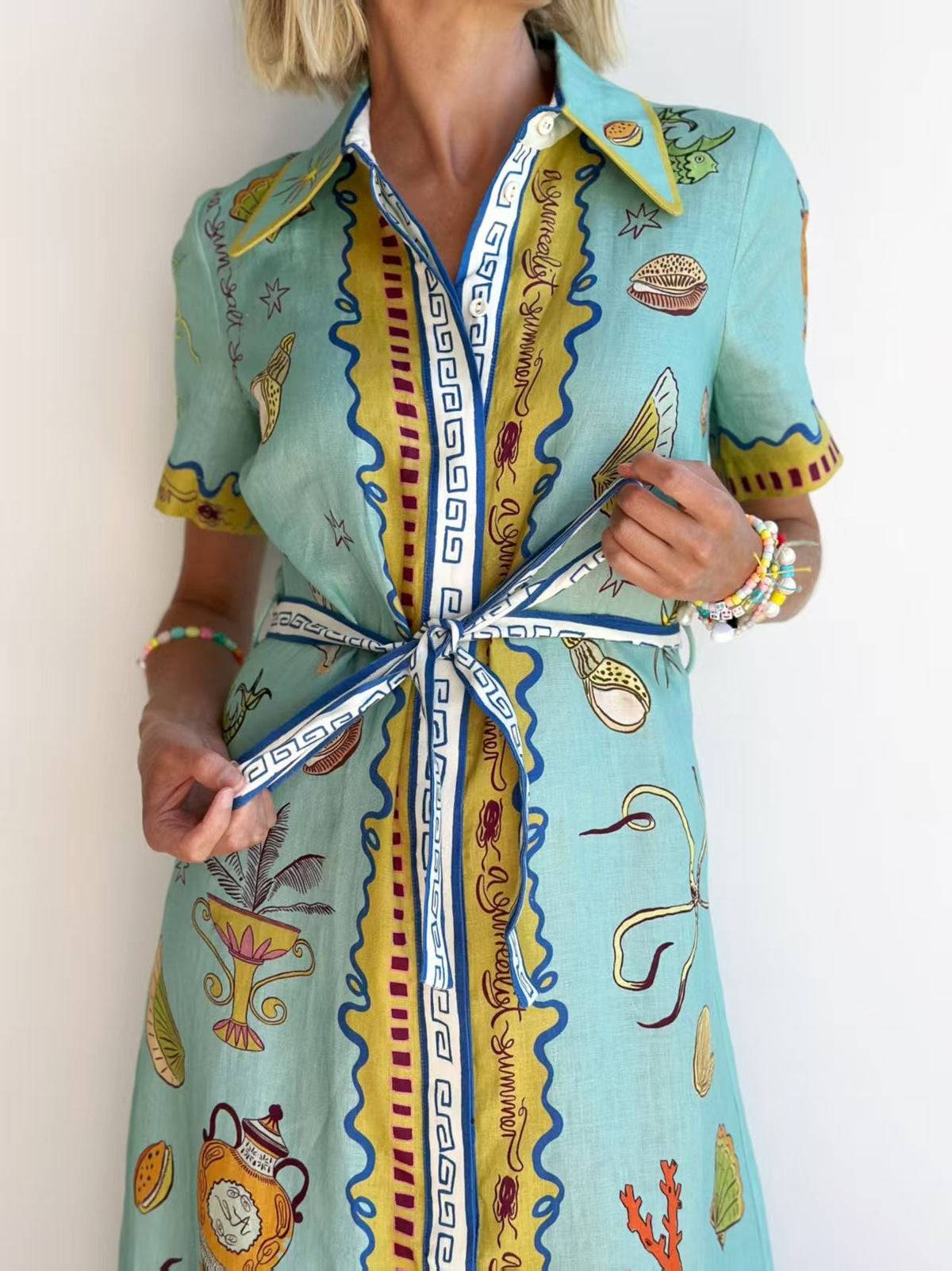 Casual Doodle Pattern Lantern Sleeve Cardigan Dress
