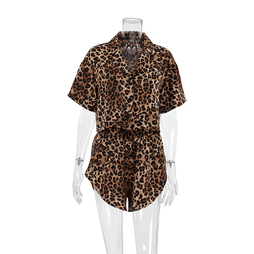 Leopard Print Lapel Sleepwear Sets