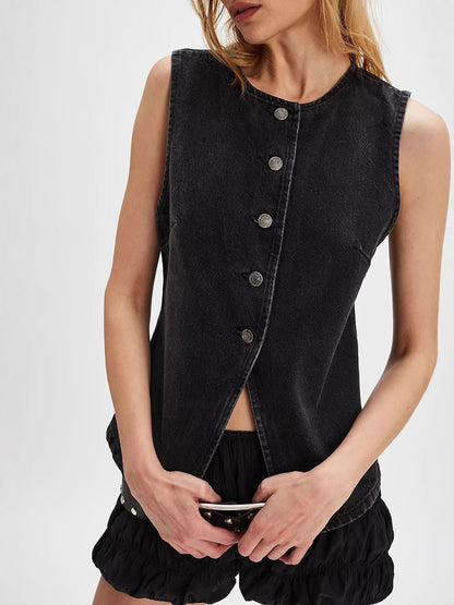 Trendy Casual Slim Fit Button Down Denim Sleeveless Top