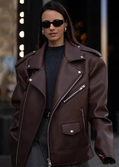 Oversized Faux Leather Moto Jacket With Zipper Details