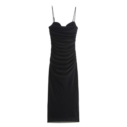 Elegant Mesh Ruched Spaghetti Strap Maxi Dress