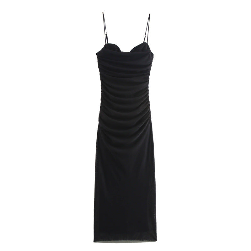 Elegant Mesh Ruched Spaghetti Strap Maxi Dress
