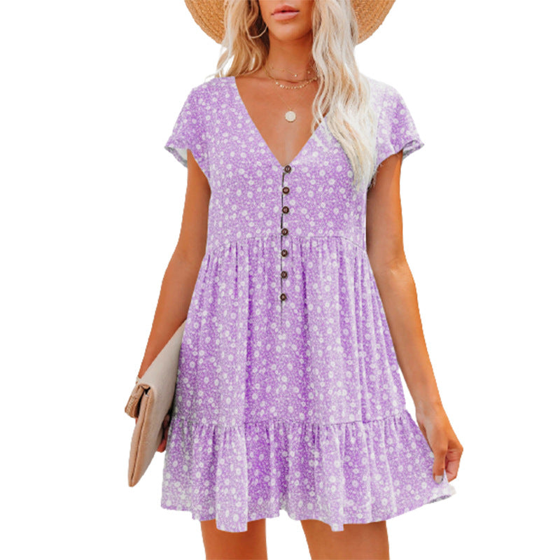 V-Neck Buttons, Small Florals, Short Sleeves, Loose Casual Dress, Women'S Wear