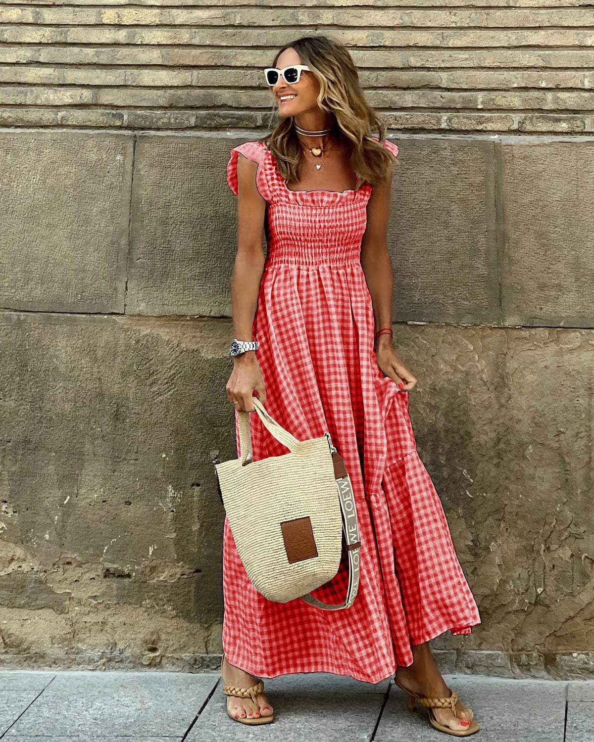 Summer Women'S Collage Plaid Suspenders Casual Swing Dress Women