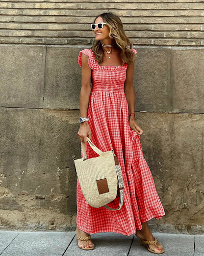 Summer Women'S Collage Plaid Suspenders Casual Swing Dress Women