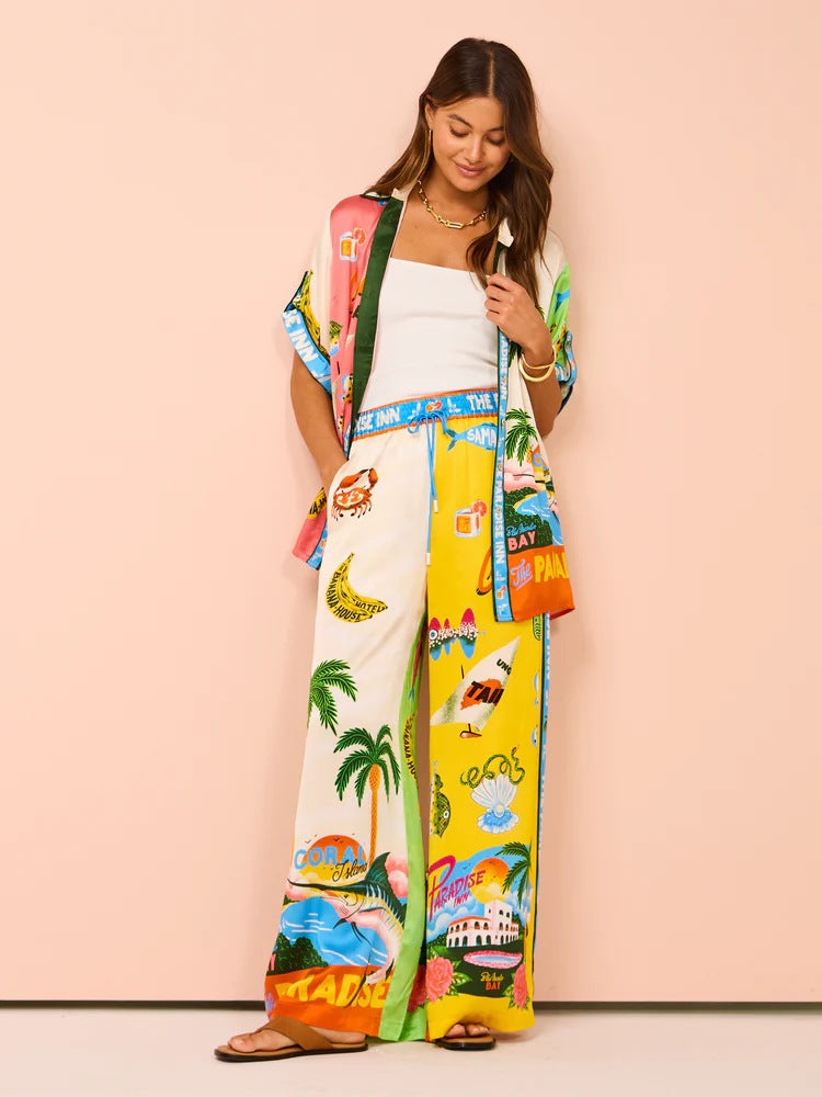 Stylish Floral Print Color Block Short Sleeve Set
