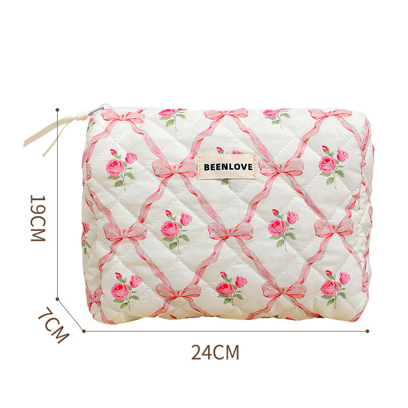 Cute Heart Print Cotton Quilted Cosmetic Bag