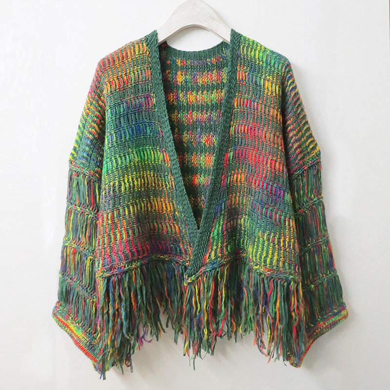Loose Hand-Woven Rainbow Fringed Knitted Cardigan Autumn And Winter Short Sweater Coat