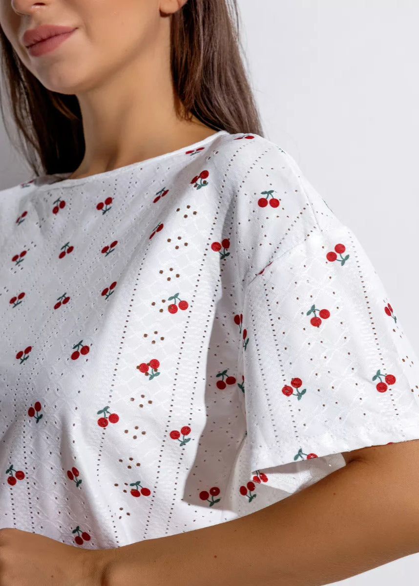 Eyelet Crop Top And Flowy Shorts Set White