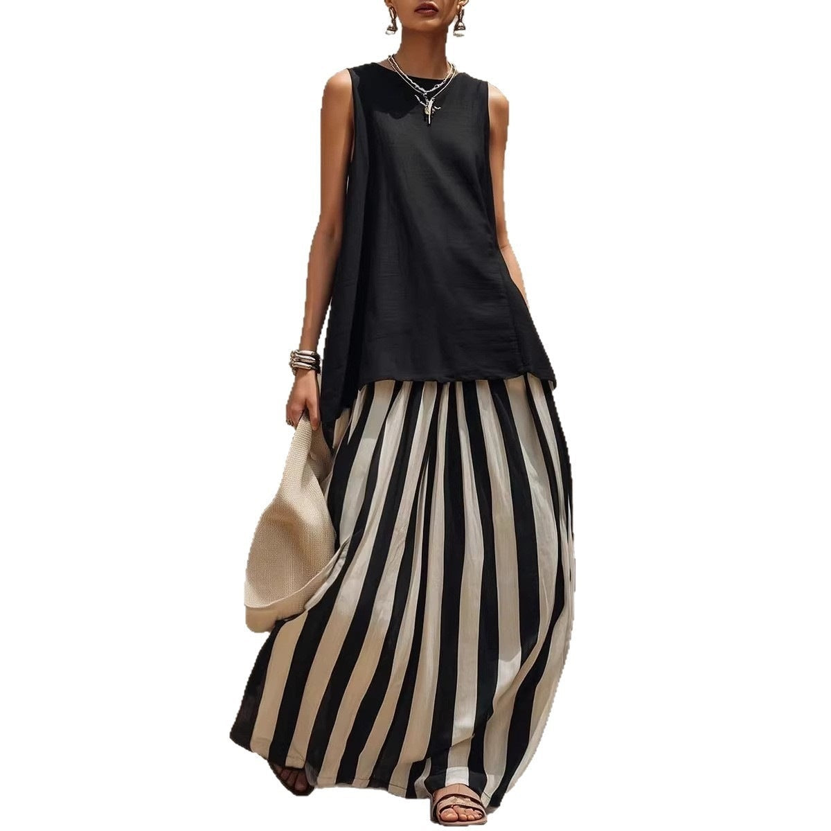 Solid Tank Top Striped Maxi Skirt Matching Set