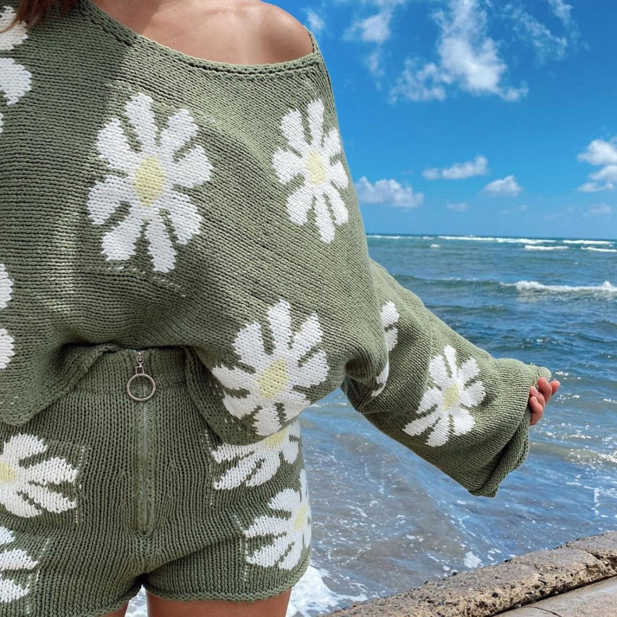 Women'S Fashion Casual Colorful Flower Sweater Knit Suit