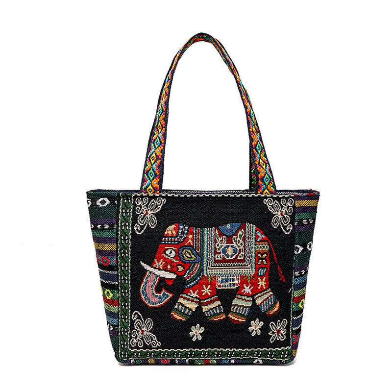 Tote Bag Women'S Bag Going Out Canvas Bag Double-Sided Casual Embroidery Large-Capacity Handbag Ethnic Style Small Square Bag