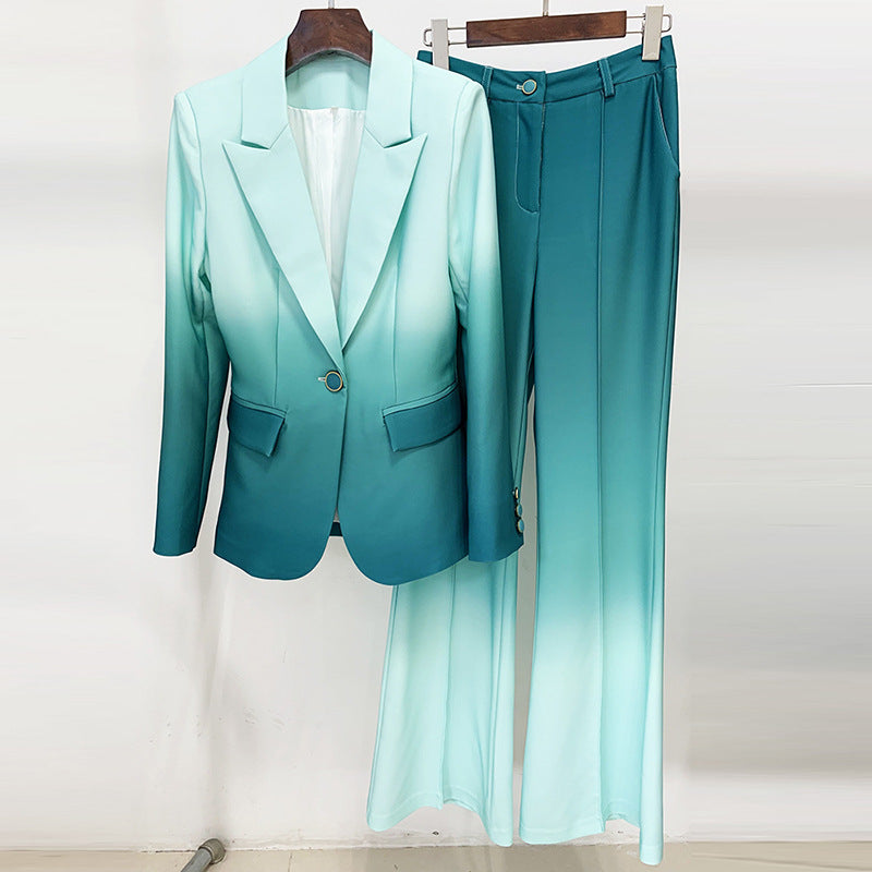 Fashionable Gradient Color Blazer And Flared Pants Set