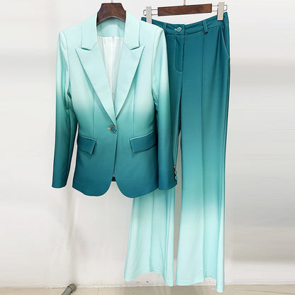 Fashionable Gradient Color Blazer And Flared Pants Set