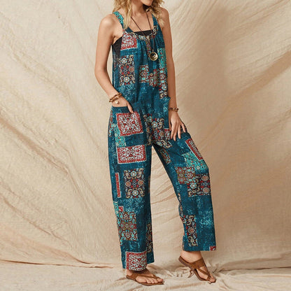 Women'S Loose Print Suspenders Vintage Casual Cotton Linen Jumpsuit
