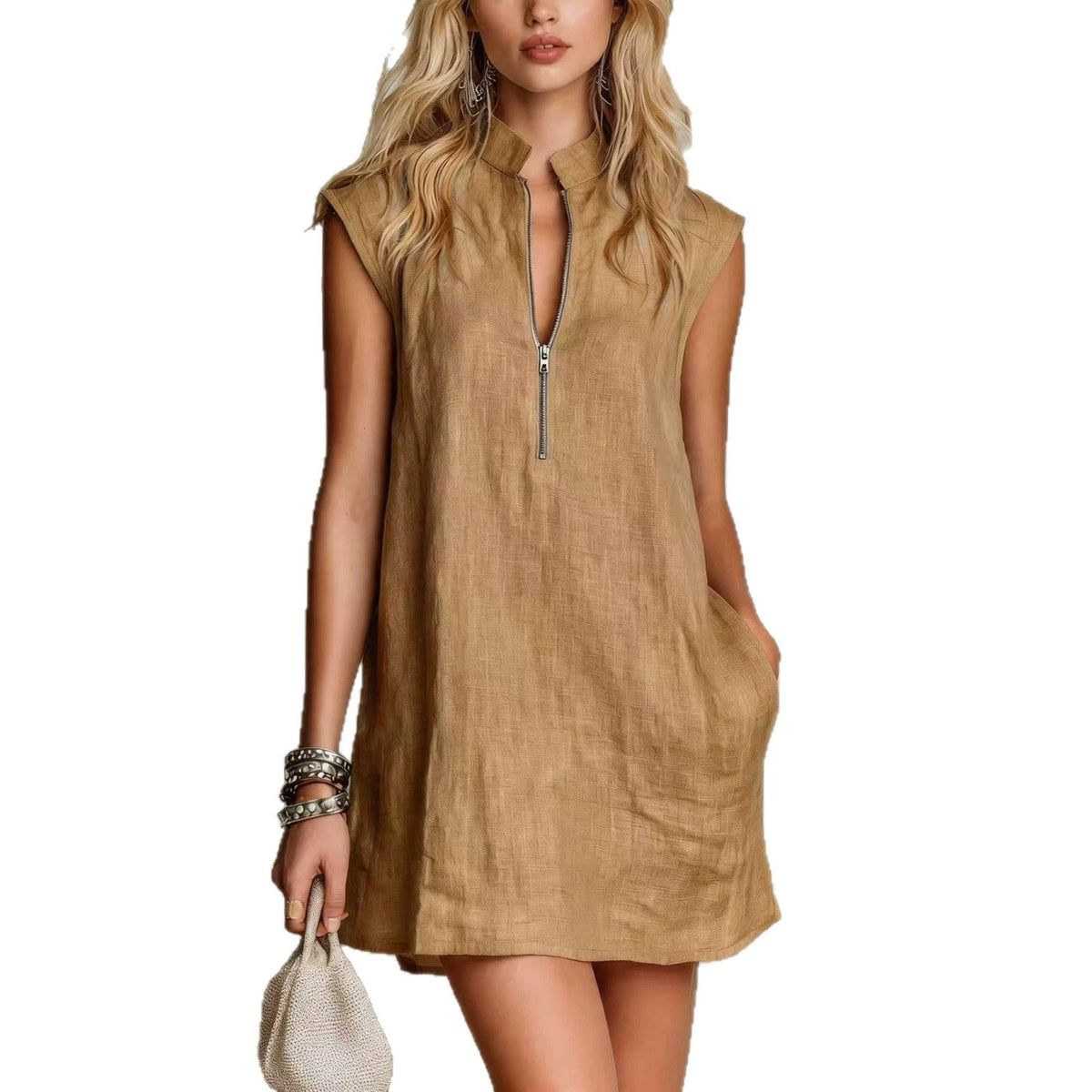 Linen Stand Collar Half Zip Sleeveless Pocket Mini Shift Dress