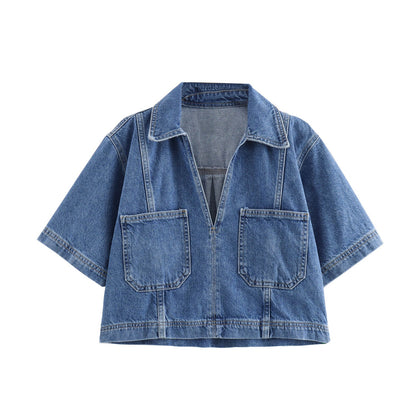 Trendy Cropped Denim Shirt and Skort Set
