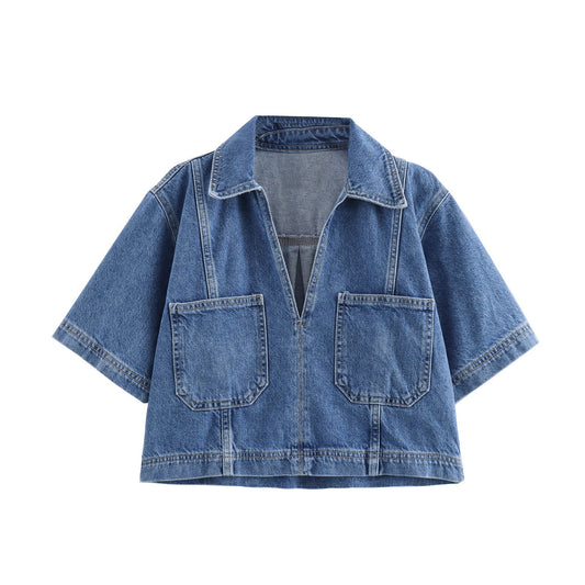 Trendy Cropped Denim Shirt and Skort Set