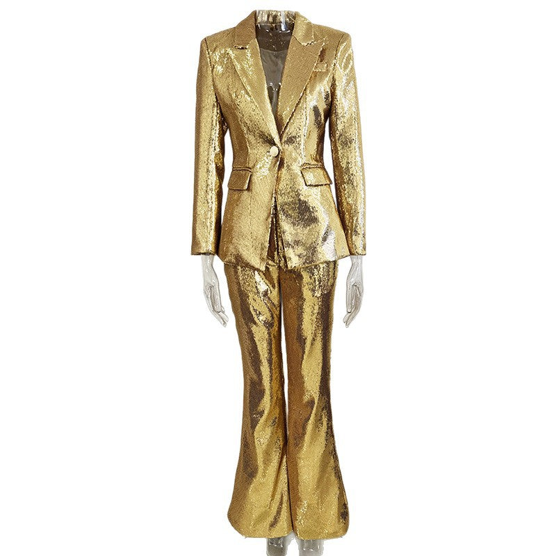 Gold Sequin Blazer And Trouser Set Stylish Two-Piece