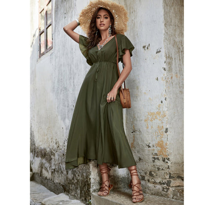 V-Neck High Waisted Slim Open Back Dress