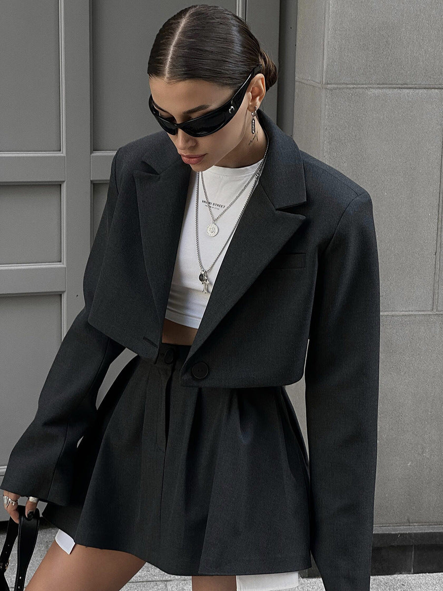 Elegant Blazer Skirt Set Solid Color Polyester Fashion