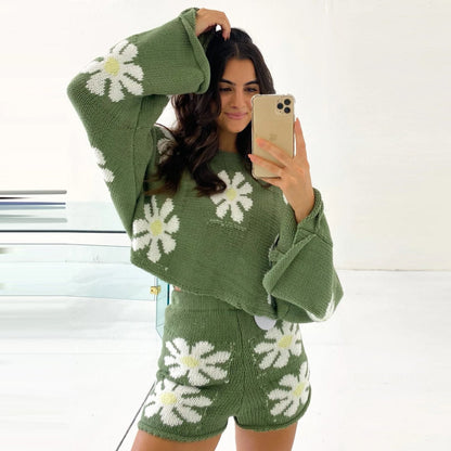 Women'S Fashion Casual Colorful Flower Sweater Knit Suit