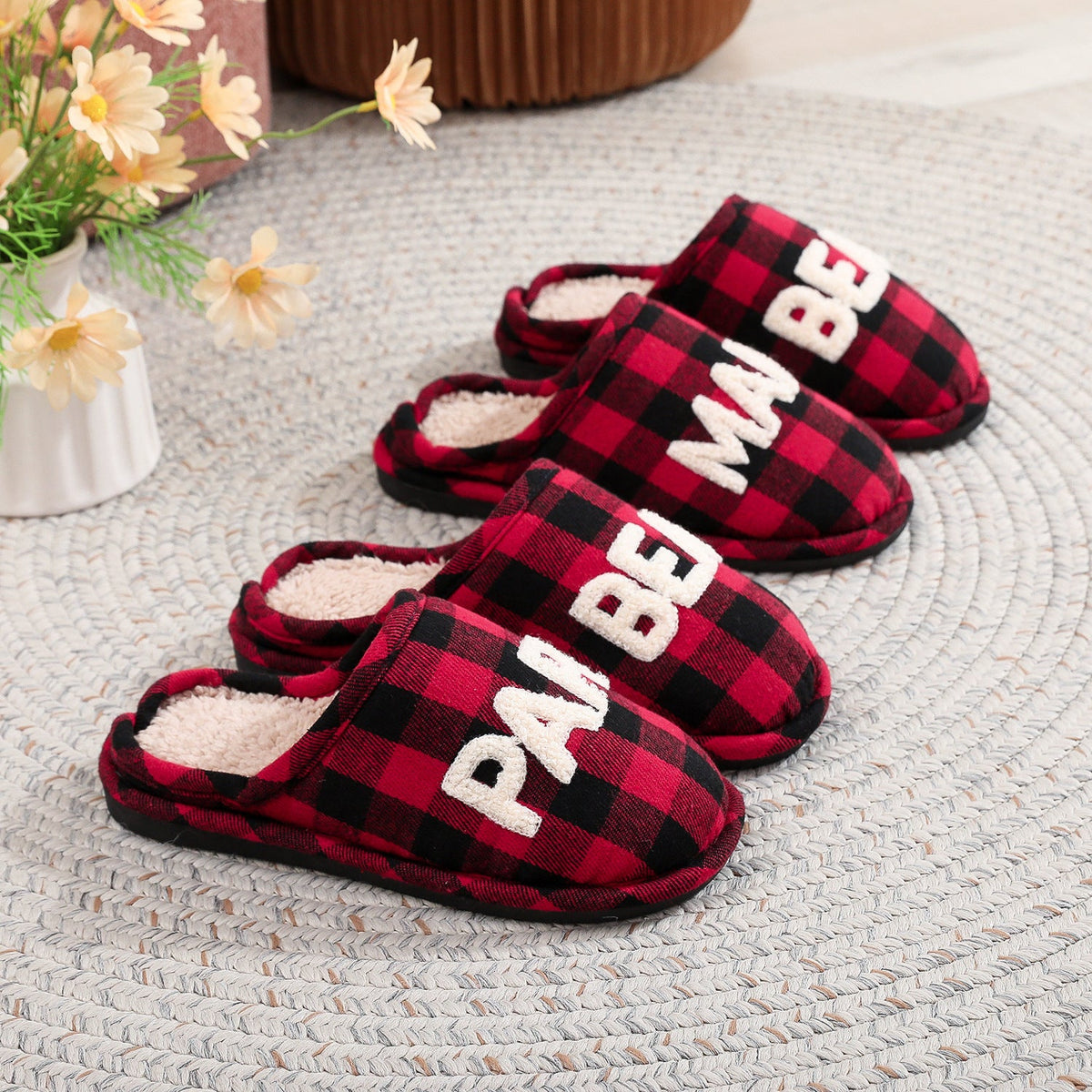 Winter Letter Embroidery Plaid Warm Indoor Slippers