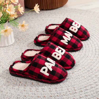 Winter Letter Embroidery Plaid Warm Indoor Slippers