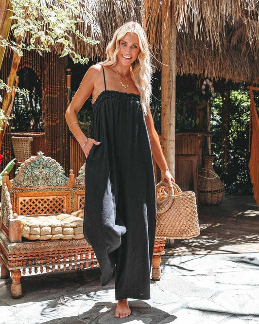 Summer Loose High-Waist Fashion Cotton And Linen Suspender Jumpsuit Women'S Skinny Wide-Leg Pants Cropped Casual Suspenders
