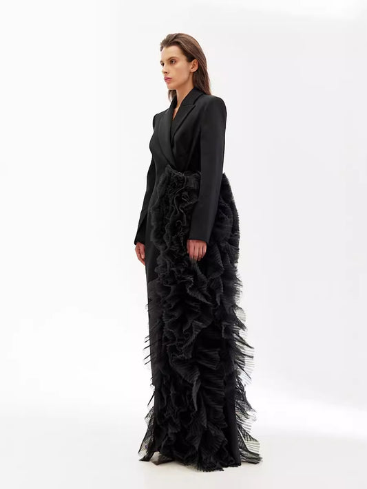 Asymmetrical Suit Dress With Tulle Details Elegant Maxi Coat