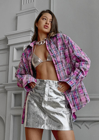 Pink Plaid Oversized Shirt Lightweight Cotton