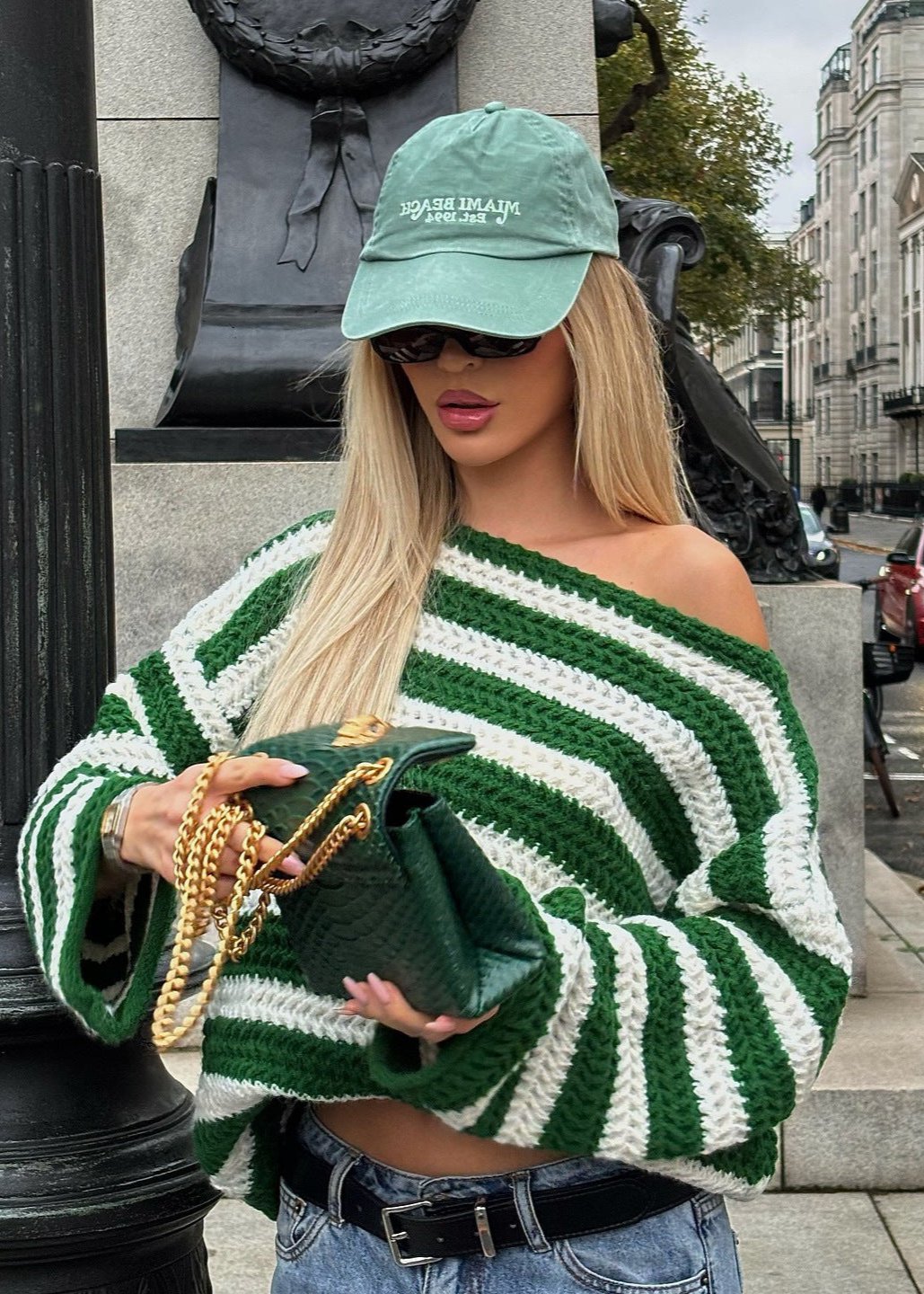 Striped Off Shoulder Knit Sweater In Green And White