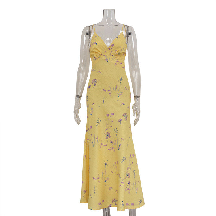 Deep V Floral Maxi Dress Women Sleeveless Shoulder Style